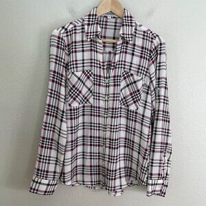 Express Portofino Shirt Womens Medium Plaid Button Up Roll Tab Sleeve Blouse Top